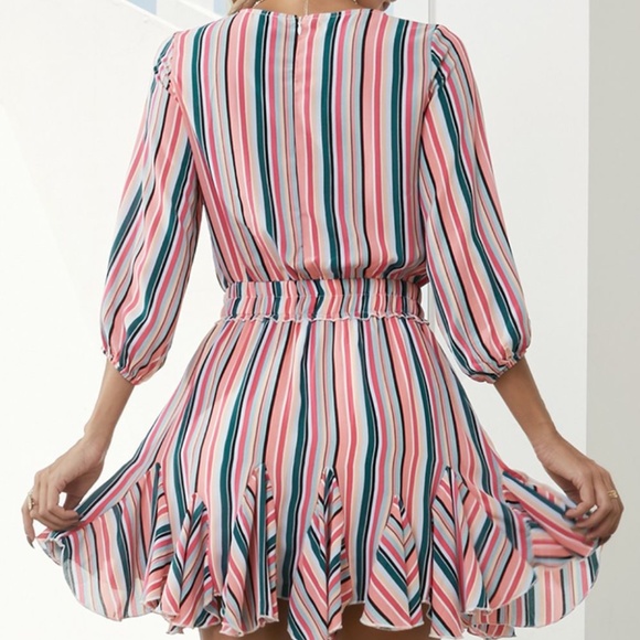 Striped Drawstring Waist Three-Quarter Sleeve Mini Dress - Picture 2 of 5